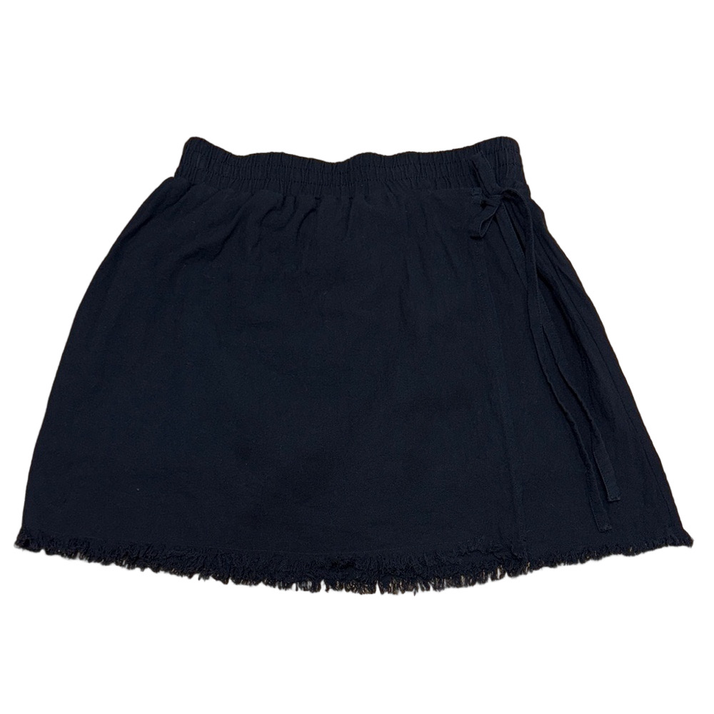 Hem & Thread M Black Mini Skirt Frayed Hem Tie Waist Cotton Rayon